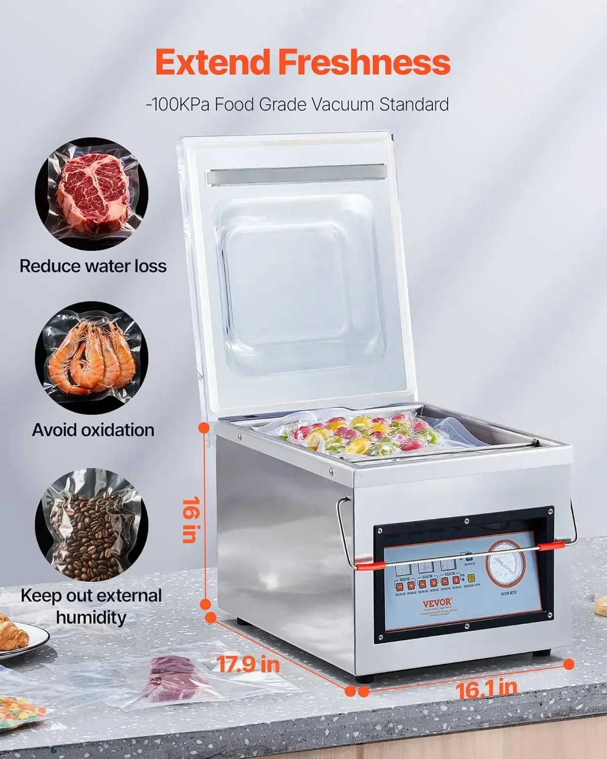 Chamber Vacuum Sealer, 320W Sealing Power, Vacuum Packing Machine for Wet Foods, Meats, Marinades and More, Compact Size with 12