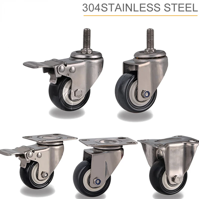 2 Inches Casters Wheels with 304 Stainless Steel Frame Polyurethane Tread Mute No Rust for Humid Environment Industrial PU Caste