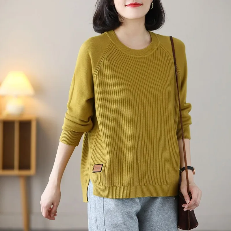 Women Baggy Sweater Pullovers Vintage Simple O-neck Korean Style Ladies Mature All-match Knitwear Daily Stylish Autumn Winter