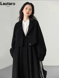 Lautaro Autumn Winter Long Flowy Luxury Vintage Black Warm Thick Woolen Coat Women Luxury Designer Fake 2 Pieces Clothes 2023