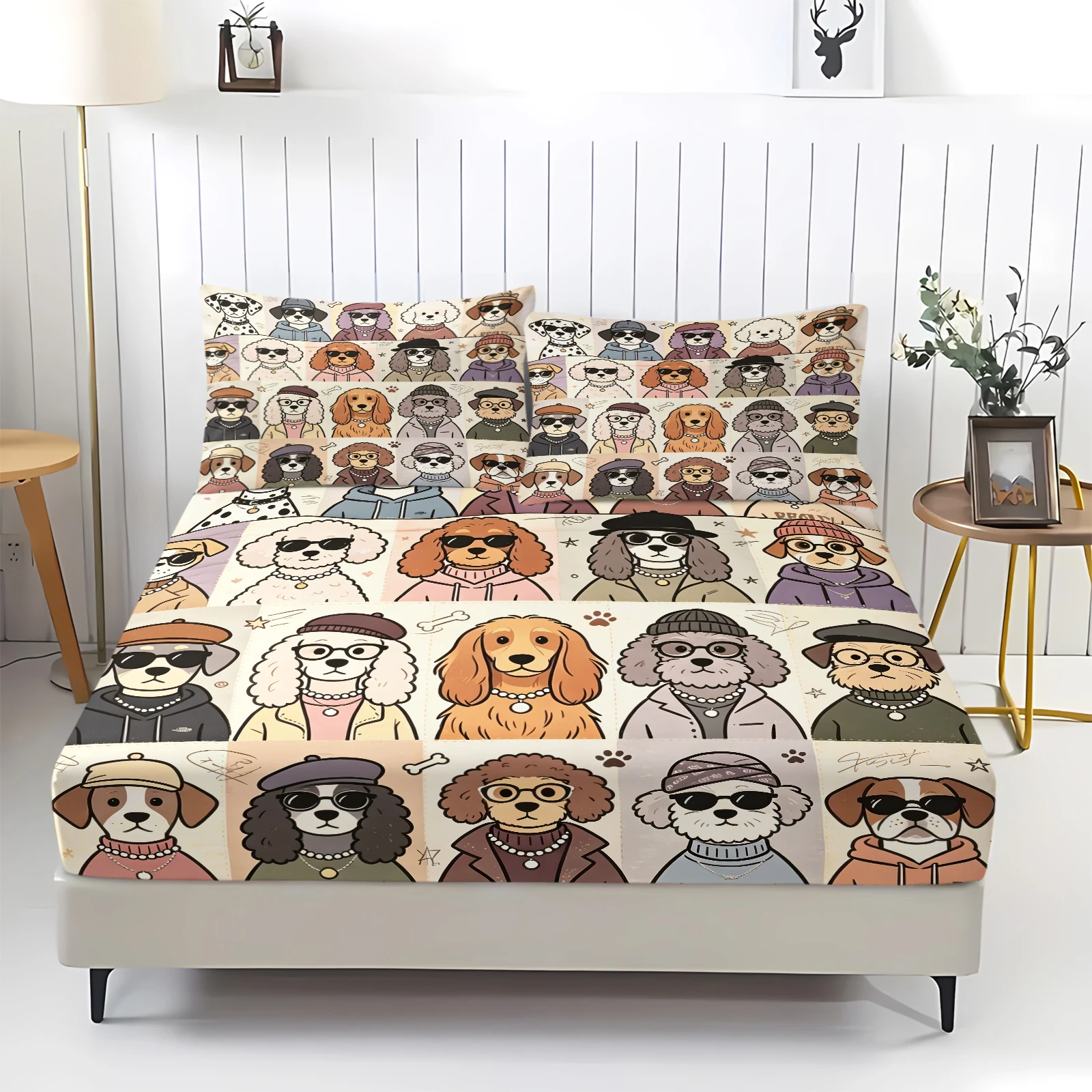 Cute Pet Dog Portrait Patchwork Bedding Set Multiple Dog Breeds Cartoon Fitted Sheet 3pcs Full Surround Elastic Mattress Cover