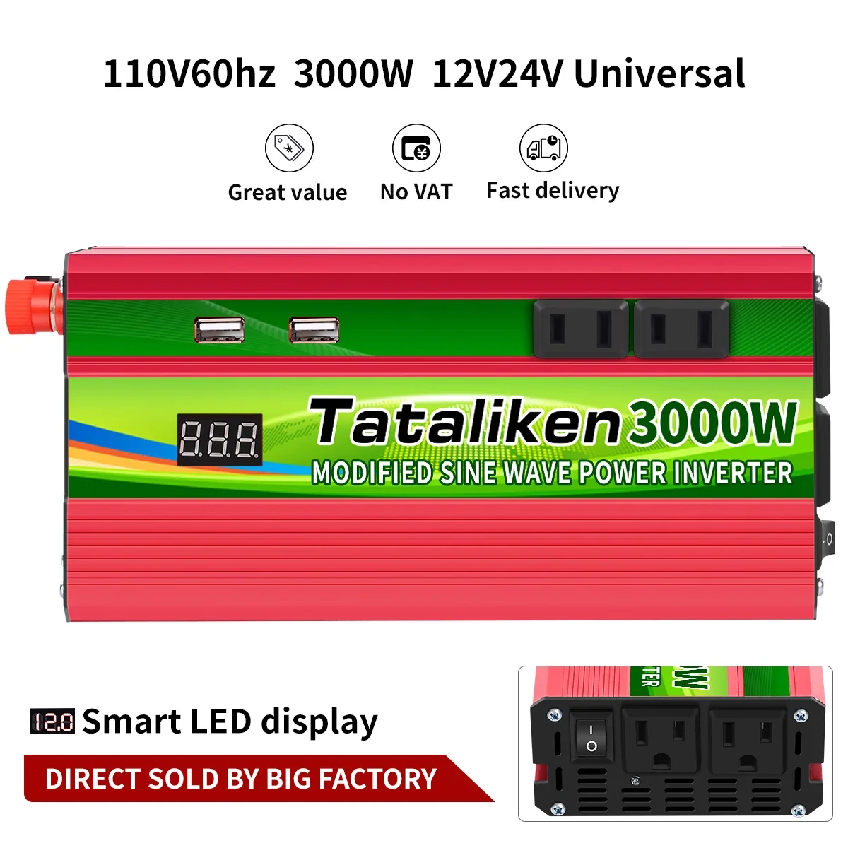 

1600W 2600W 3000W Car Power Converter DC12V24V To AC 110V 60HZ Modified Sine Wave Inverter Wit Dual Usb Ports