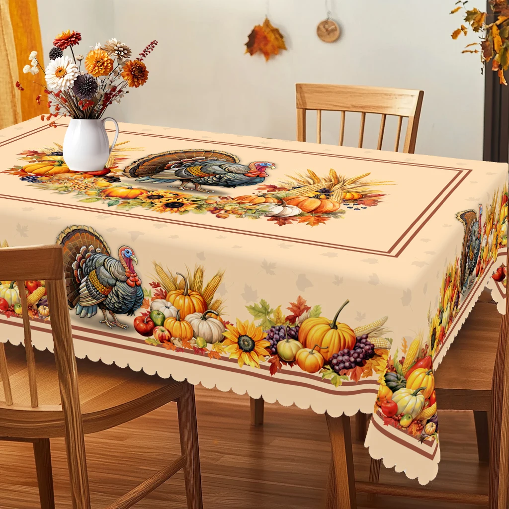 1 Piece of Autumn Thanksgiving and Autumn Harvest Festival Themed Printed Tablecloth, Vintage Country Farmhouse Style, with Turkey, Pumpkin, Maple Leaf Design, Suitable for Holiday Gatherings, Camping Picnics, Garden Bbqs, Birthday Party Decorations, Kitchen Accessories, Tablecloth for Indoor and Outdoor Use in Restaurants and Patios, Perfect Gift for Friends, Round and Rectangular Tablecloths, Available in Various Sizes