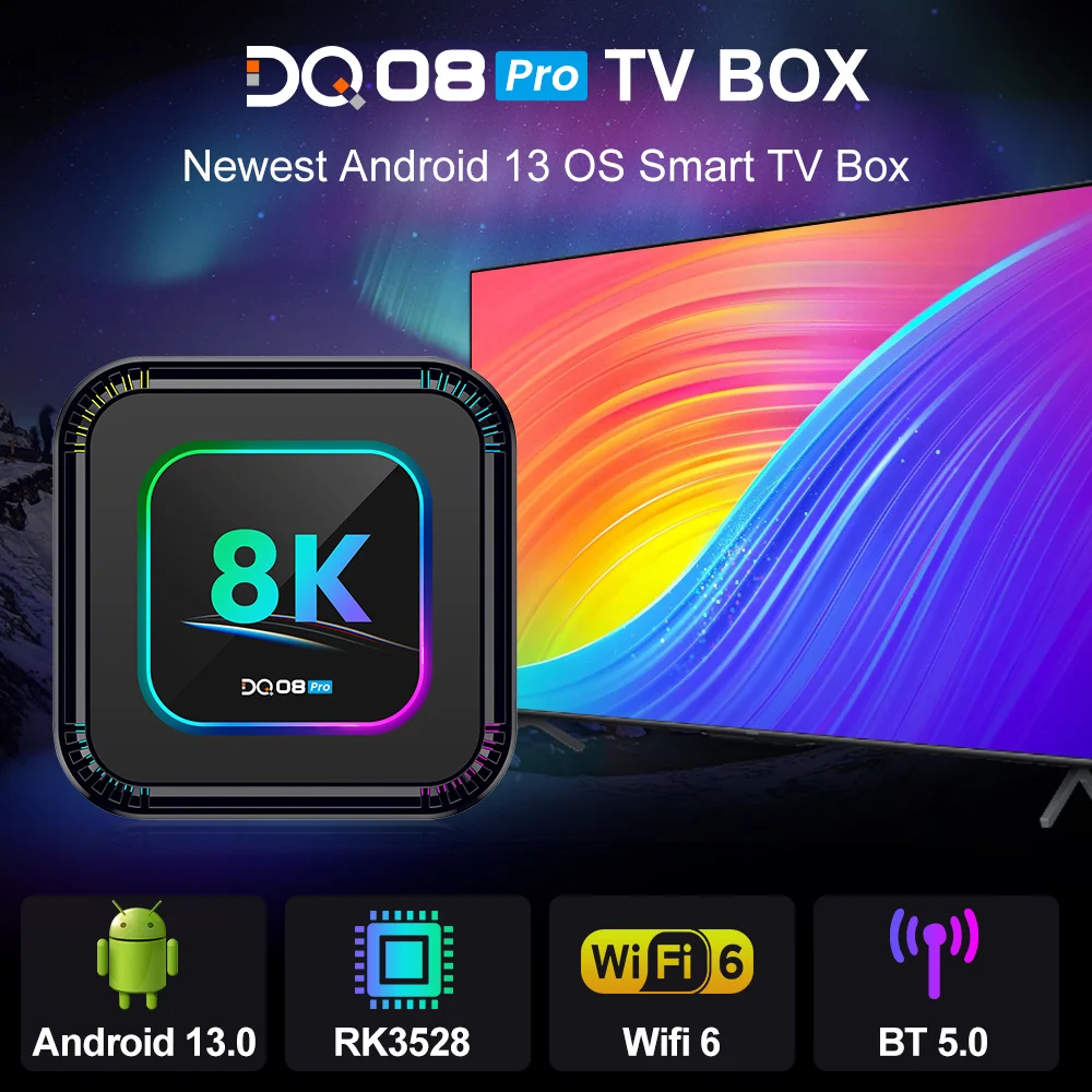DQ08 Pro RK3528 Android 13 رباعي النواة صندوق التلفزيون الذكي RGB 8K فيديو 4K @ 60fps HDR10 + 2.4&5G Wifi6 BT5.0 Google Voice 2G16G 4G 32G 64G