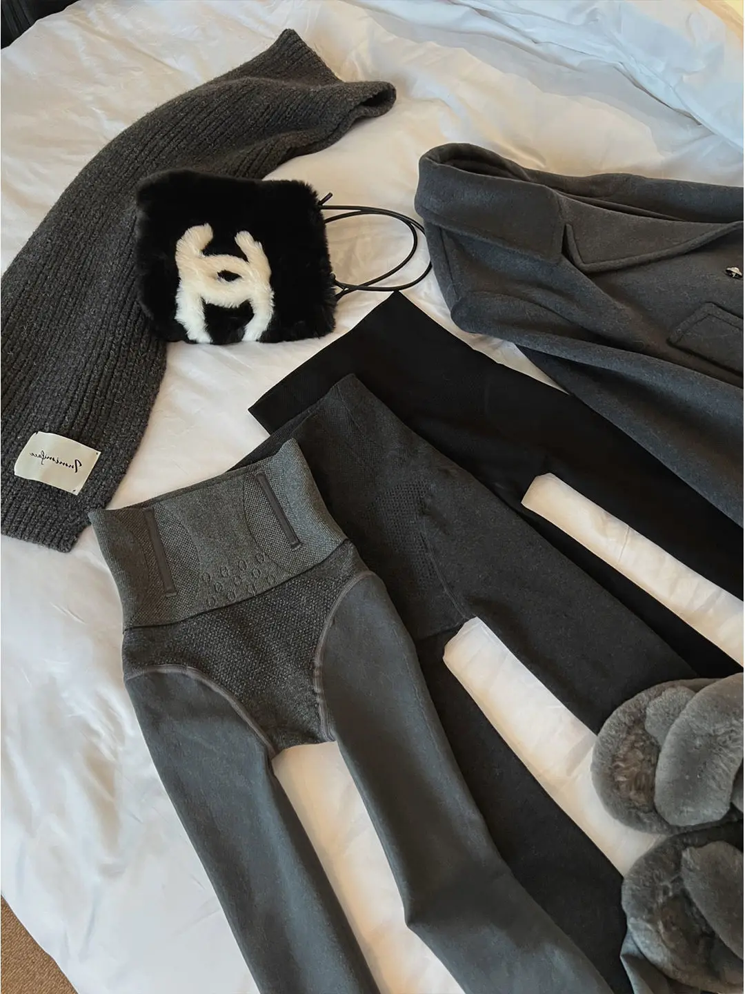 Gray Fleece Lined Thick Warm Women's Leggings High Waist Pantyhose Autumn Winter Outerwear Base Layer Pants Casual Wear