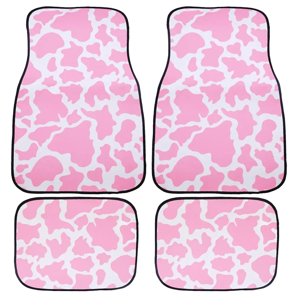 

4 Piece Cow Print Pink Car Floor Mats,PU Leather Waterproof Anti-Slip Auto Mats,Front & Rear Car Liners,Universal Fit for Mos