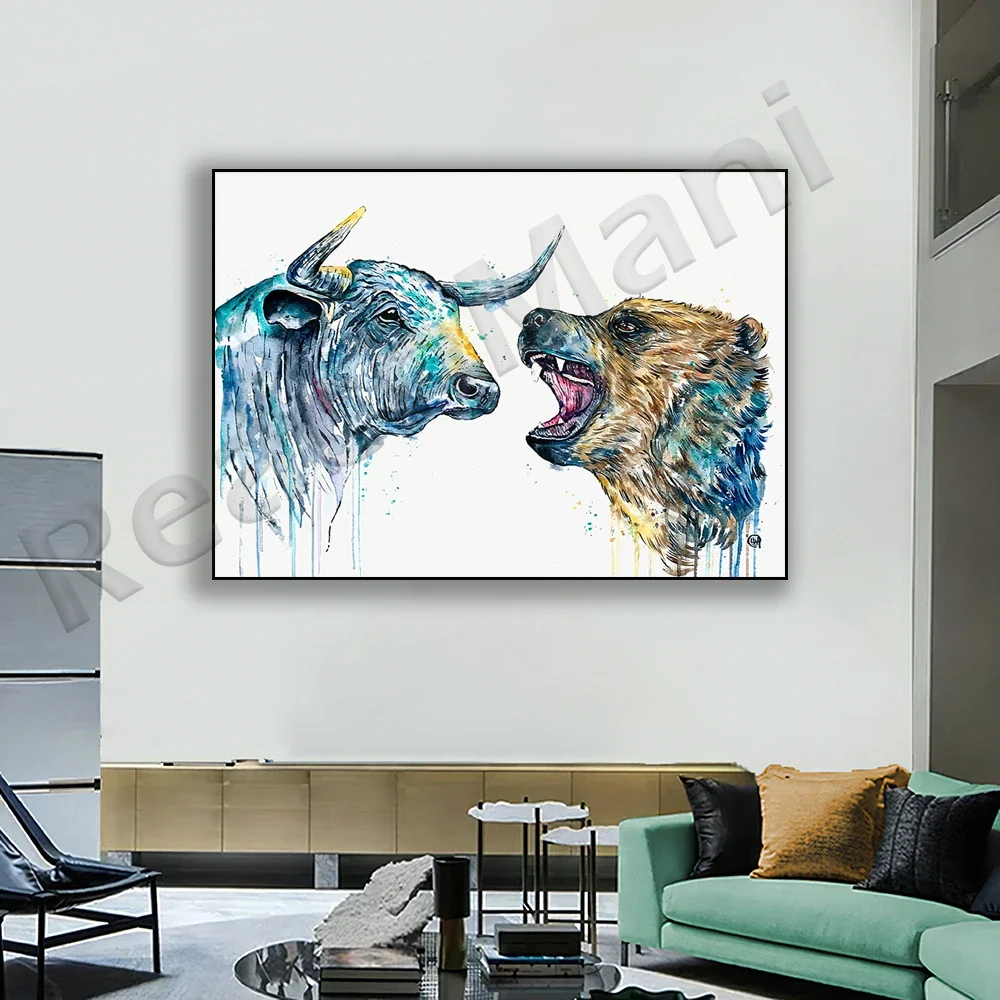 Bullish Sentiment - Watercolor Painting, Stock Market Art, Bull and Bear Market, Office Decor Poster, Office Art