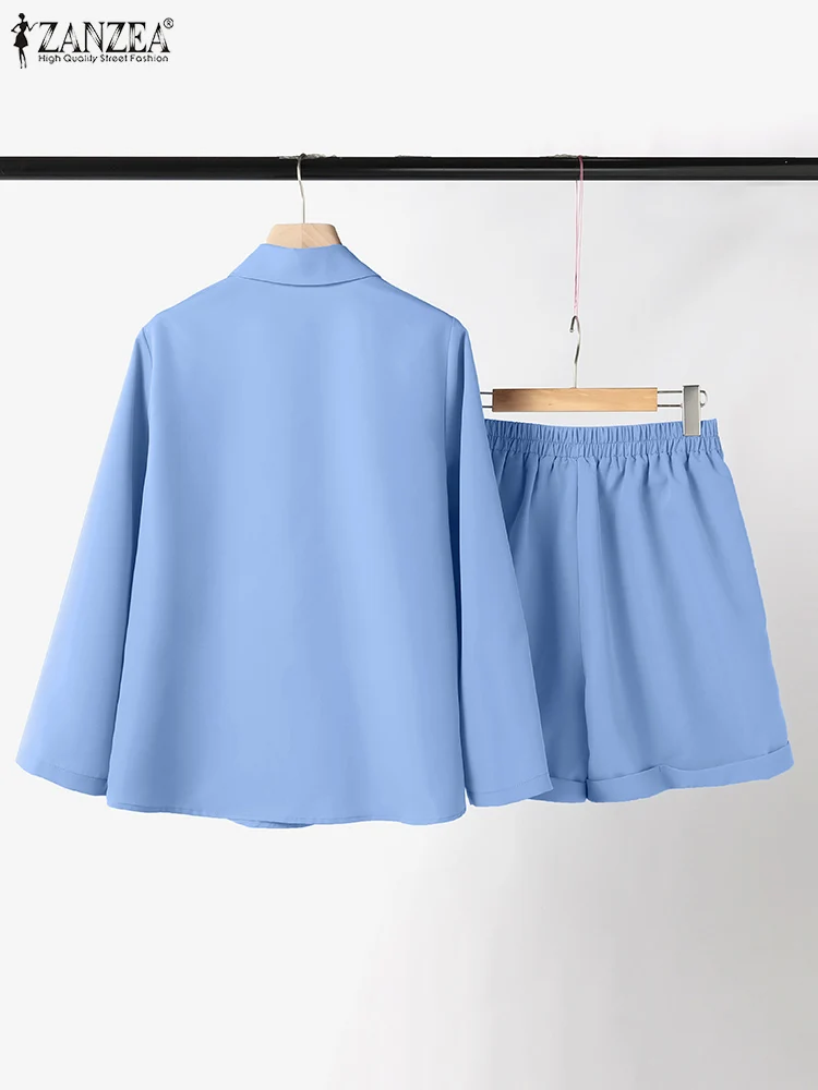 ZANZEA Vintage 2PCS Elastic Waist Short Suits 2 Piece Sets Women Casual Long Sleeve Shirt Outfits 2024 Summer Korean Solid Sets