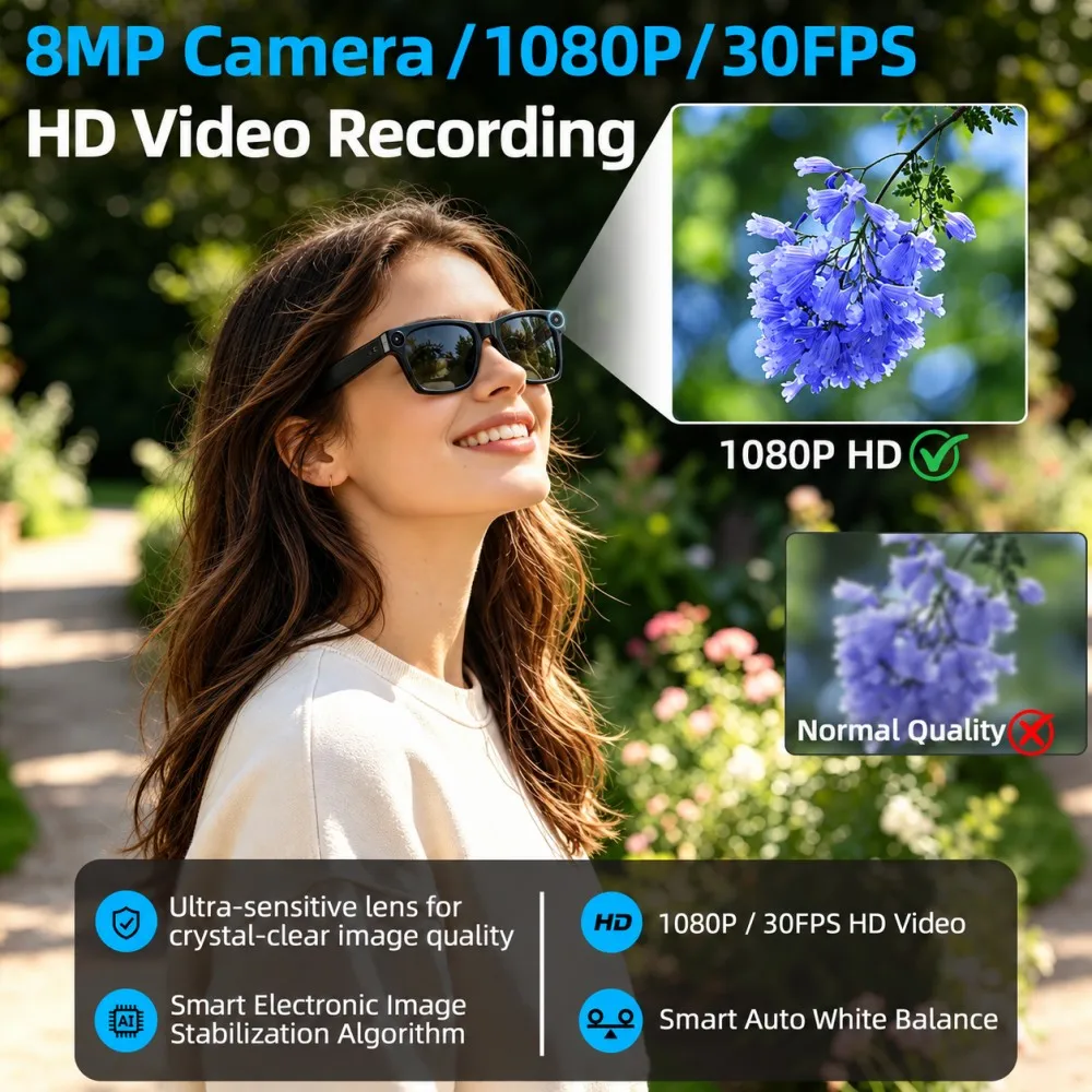W610T AI Smart Glasses with Camera 8MP Video Recording Real Time Translation Bluetooth Earphones Music for Travel Sports Outdoor