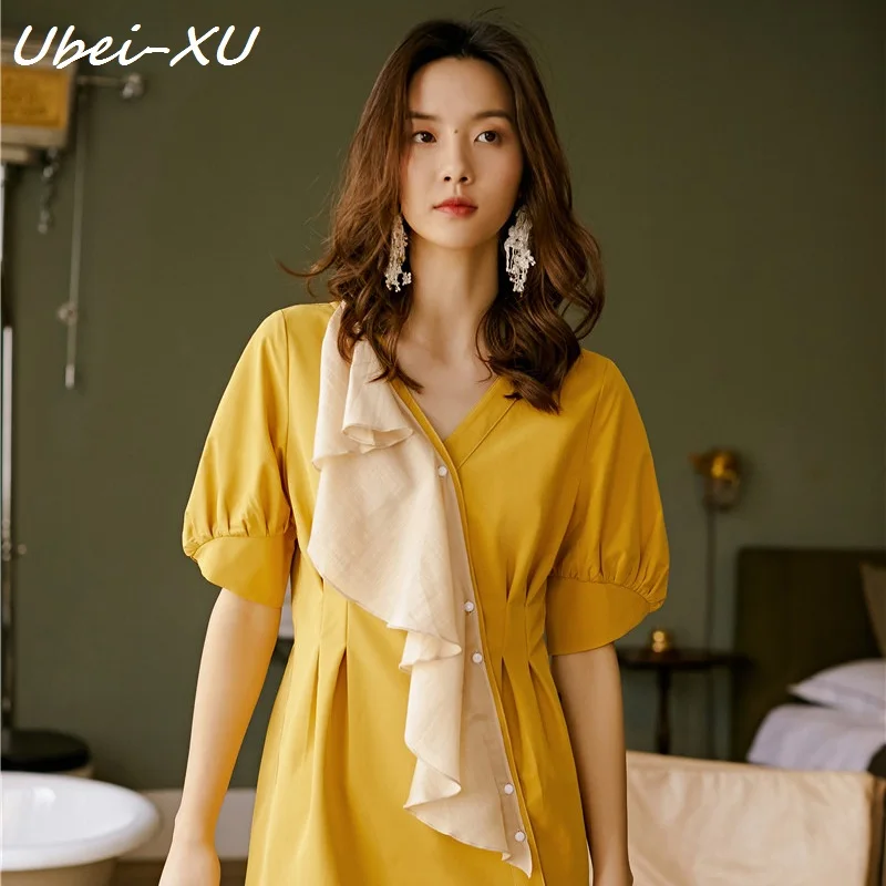 Ubei Fashion hubble-sleeve dress medium length new casual yellow women summer dress