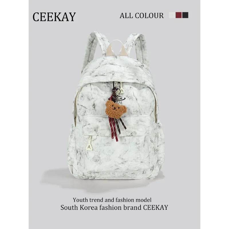 

2026 New CEEKAY Tie-Dye Backpack, Casual School Bag with Plush Bear Pendant, Large Capacity Travel Backpack for Teen Girls