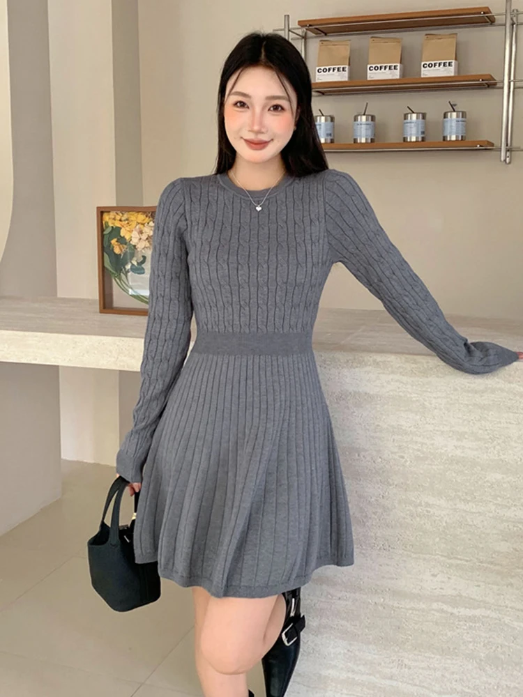 女性ストリート服セーターカジュアルニットシンプルな O ネックスリム A ラインミニショートドレスエレガントな女性 Vestidos 秋冬新