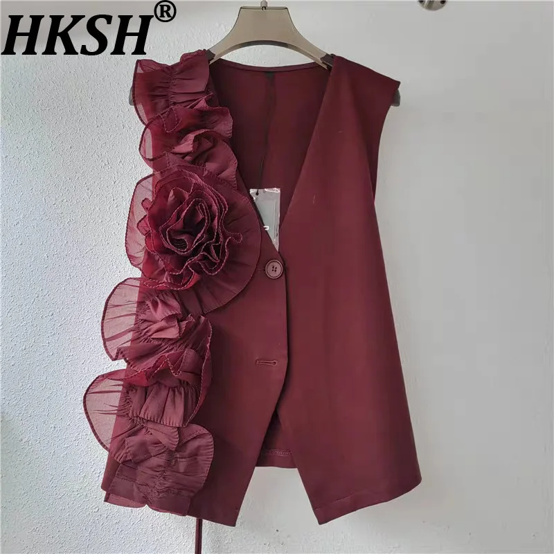 

HKSH весна осень новый женский жилет с v-образным вырезом однобортный жилет в стиле пэчворк с 3D цветочным принтом элегантная стильная куртка без рукавов HK137