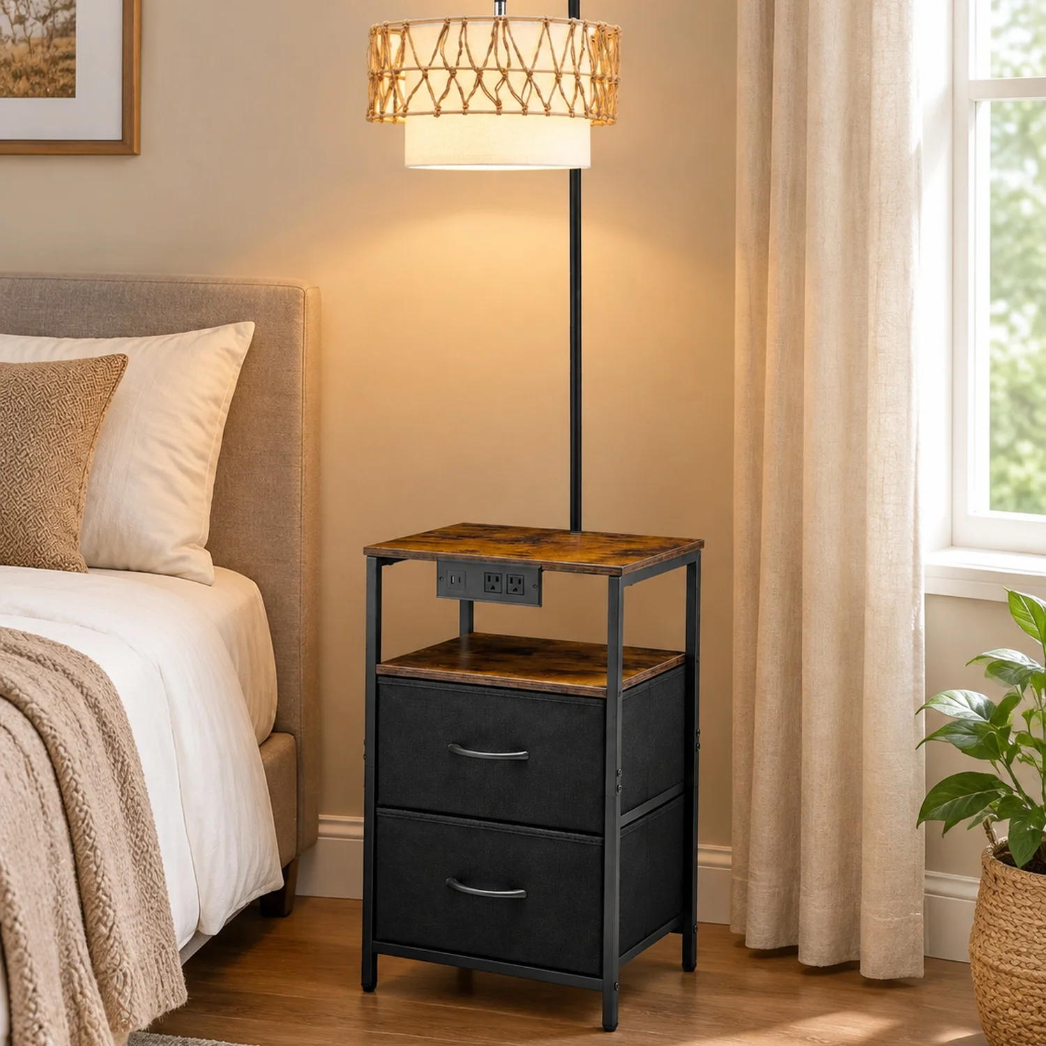 Floor Lamp with Table, 2-Tier End 2 Drawers and 3 Color Temperature LED Bulb, Modern Side Nightstand Bedside Desk USB & Type C