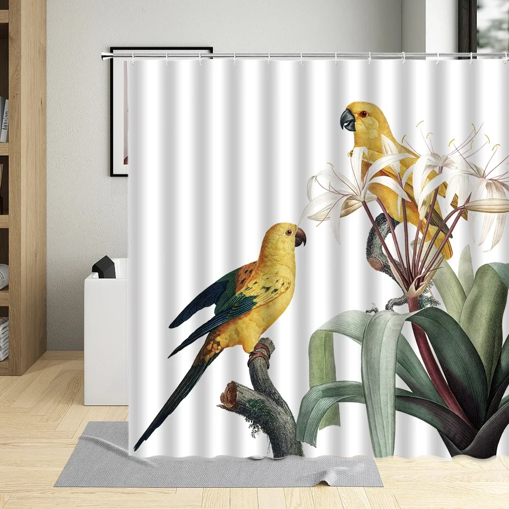 Tropical Bird Parrot Bamboo Floral Plant Pattern Bathroom Decor Palm Leaf Shower Curtain Waterproof Bath Curtains With Hooks Set