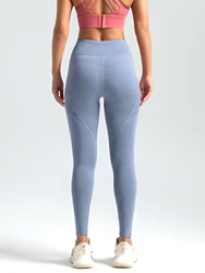 Women's High-Waist Elastic Yoga Pants, Polyester and Elastane Blend, Medium Stretch Solid Color Sports Leggings with Mesh Pocket