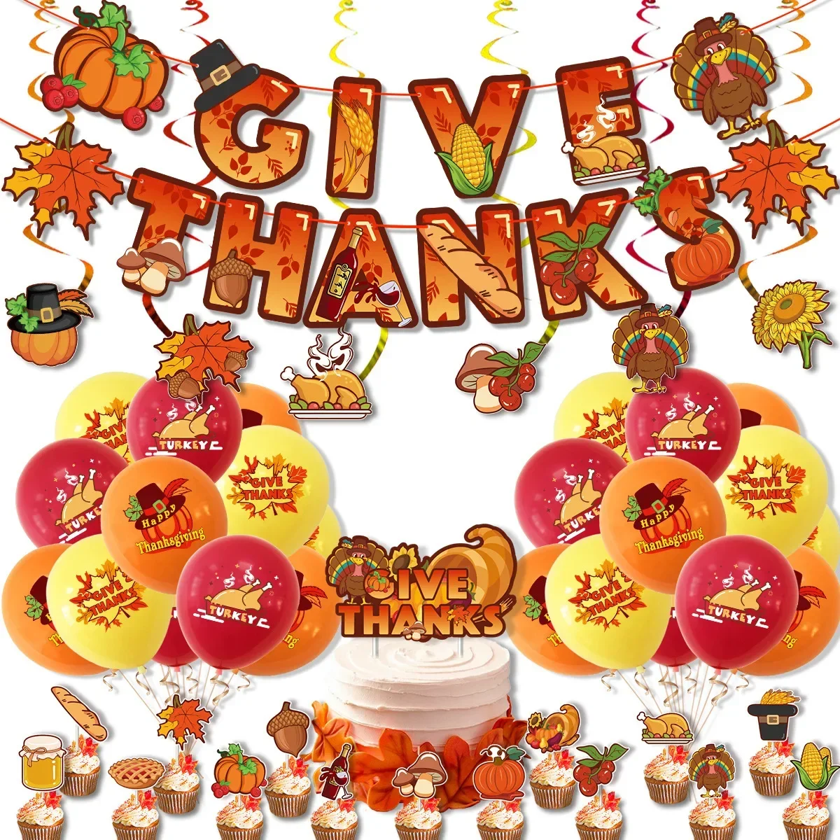 New Thanksgiving Day Party Decorations Pumpkin GIVE THANKS Theme Banner Balloons Turkey Ceiling Home Decoration Party Supplies