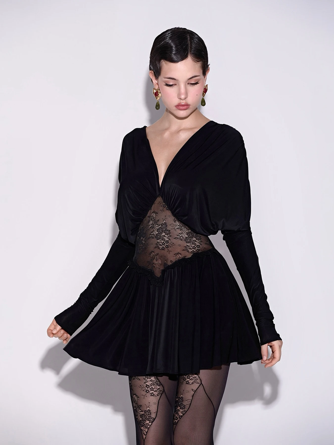 Kliou Mesh Patchwork Mini Dress Woman Autumn Trend V-Neck Full Sleeve Hot Girls Midnight Birthday Party Ruched Elegant Bodycon