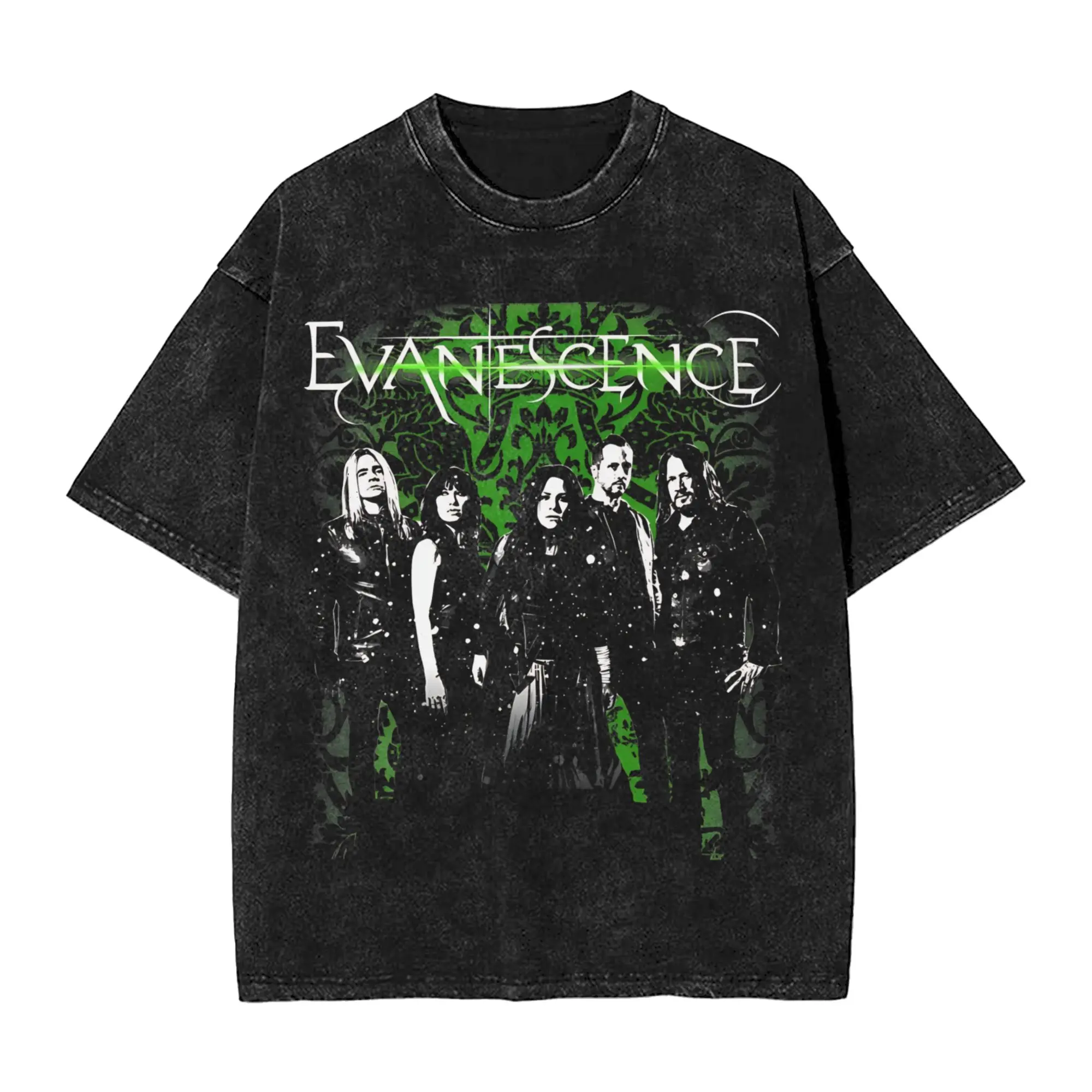 Evanescence Band Photo Green T Shirt Hip Hop Washed Short Sleeve Street T-Shirts  Novelty Men Women Tops Streetwear Summer Tees