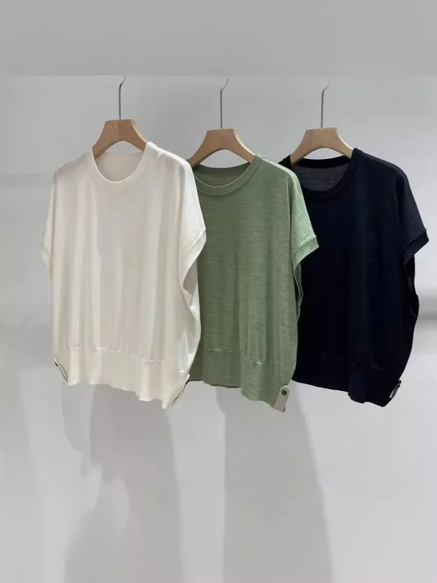 

Tee For Ladies 2024 New Summer Spring Wool Bead Chain Round Neck Loose Casual Flying Sleeve T-shirt