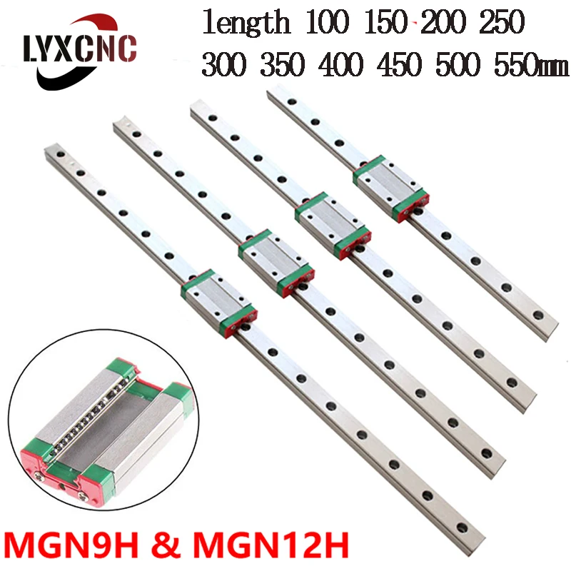 MGN12 MGN9 100 150 200 250 300 350 400 450 500 550mm Miniature Linear Rail Slide 1pc MGN9/12 Linear Guide+1pc MGN12/9H Carriage