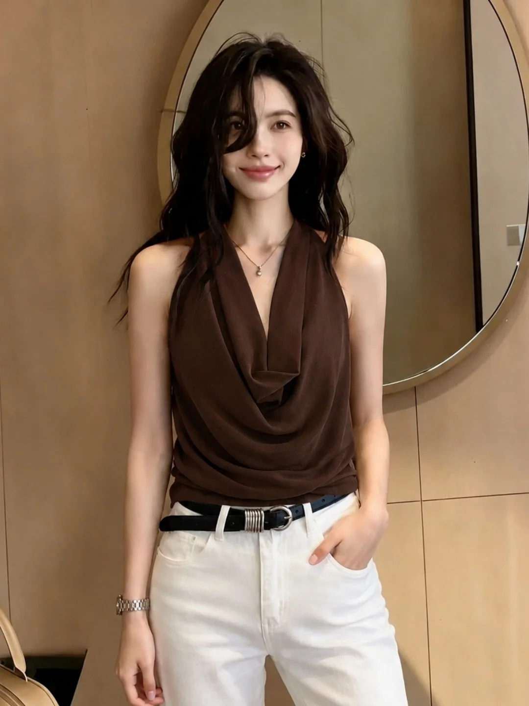 

Sexy Sleeveless Open Back Vest High Neck Hanging Strap Top Summer Fashion Versatile Small Shirt Trendy Streetwear Bodycon Style