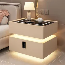 Mesita de noche de madera maciza de estilo moderno con carga inalámbrica, mesitas de noche inteligentes con 2 cajones para dormitorio con cerradura de 40cm