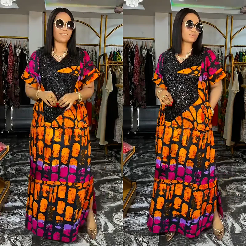 فستان قفطان فضفاض مطبوع بالترتر المخملي في الشرق الأوسط على الطراز الأفريقي العرقي من الساتان الكريستالي