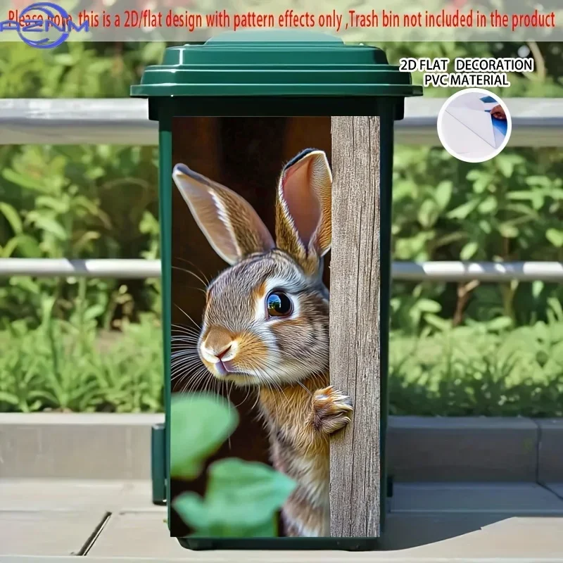 2D 1PCBunny Peeking Self-Adhesive Dustbin Stickers - Cute Rabbit Design, PVC Trash Can Decorative Stickers for Garden & Outdoo