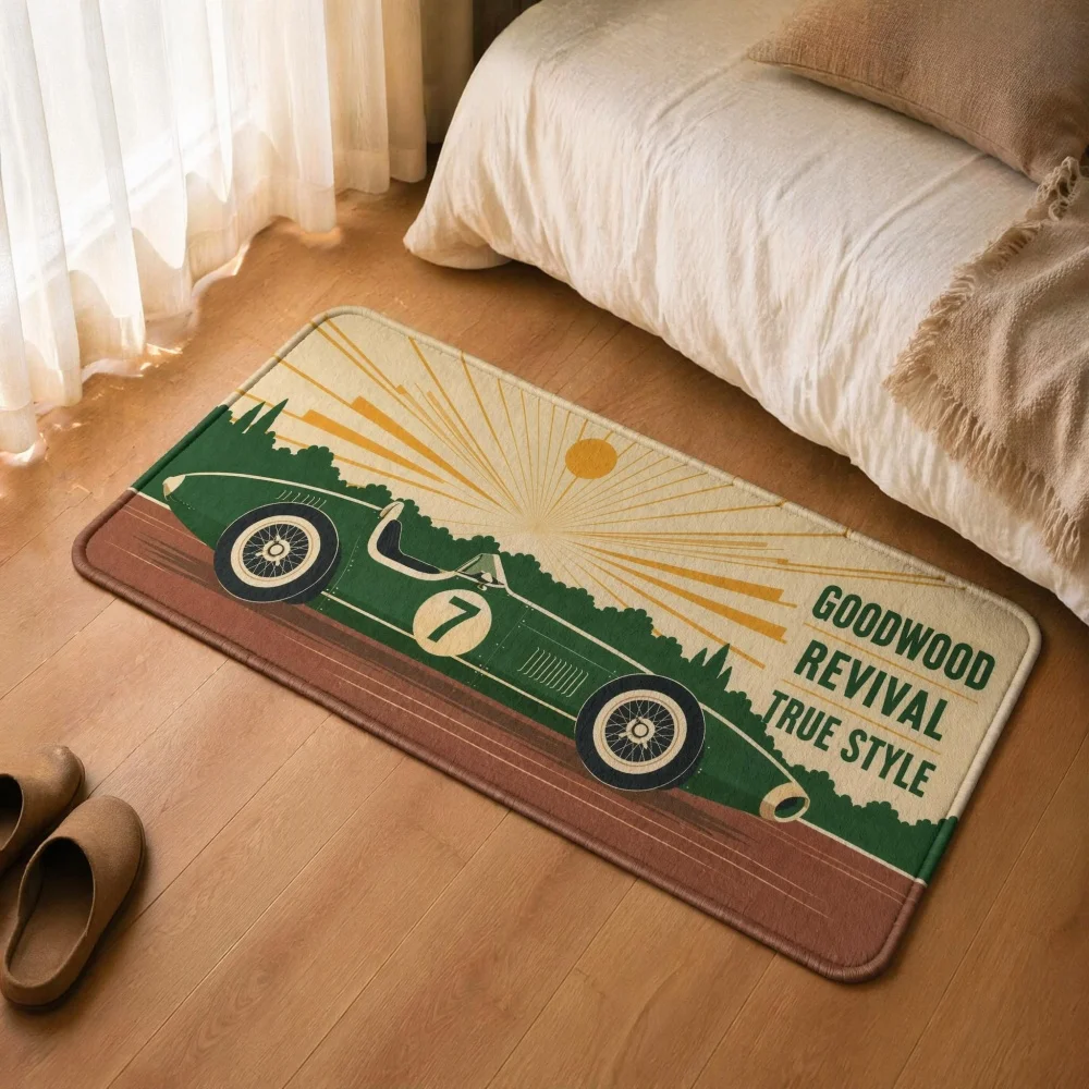 Flannel Long Floor Mat, Vintage Race Car Print Non Slip Rectangular Doormat Classic Motorsport Style Bedroom Living Room Rug