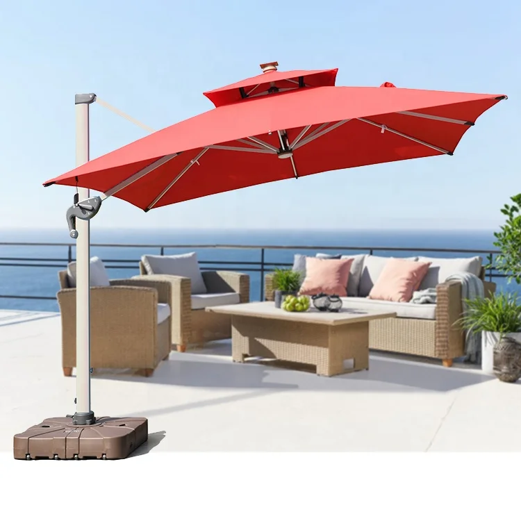 

OEM Custom Red Color Garden Beach Parasols Outdoor Patio Umbrella with logo Prints and LED Light Solar