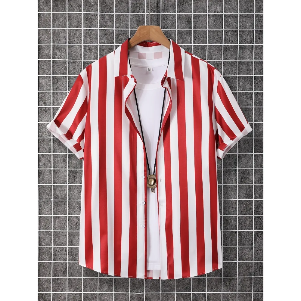 Korea Style Men Hawaii Shirt Classic Red White Striped Wrinkle Resistant Soft Daily Travel Casual Blouse