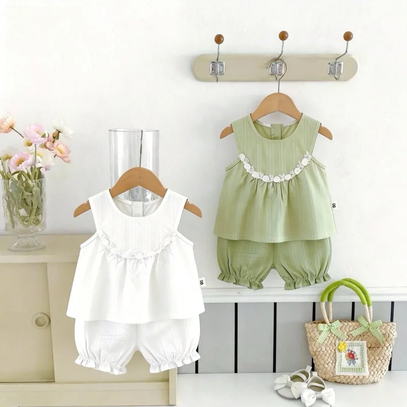 2026 Summer New Children Sleeveless Clothes Set Girls Cute Solid Lace Tops + Shorts 2pcs Suit Infant Toddler Cotton Outfits