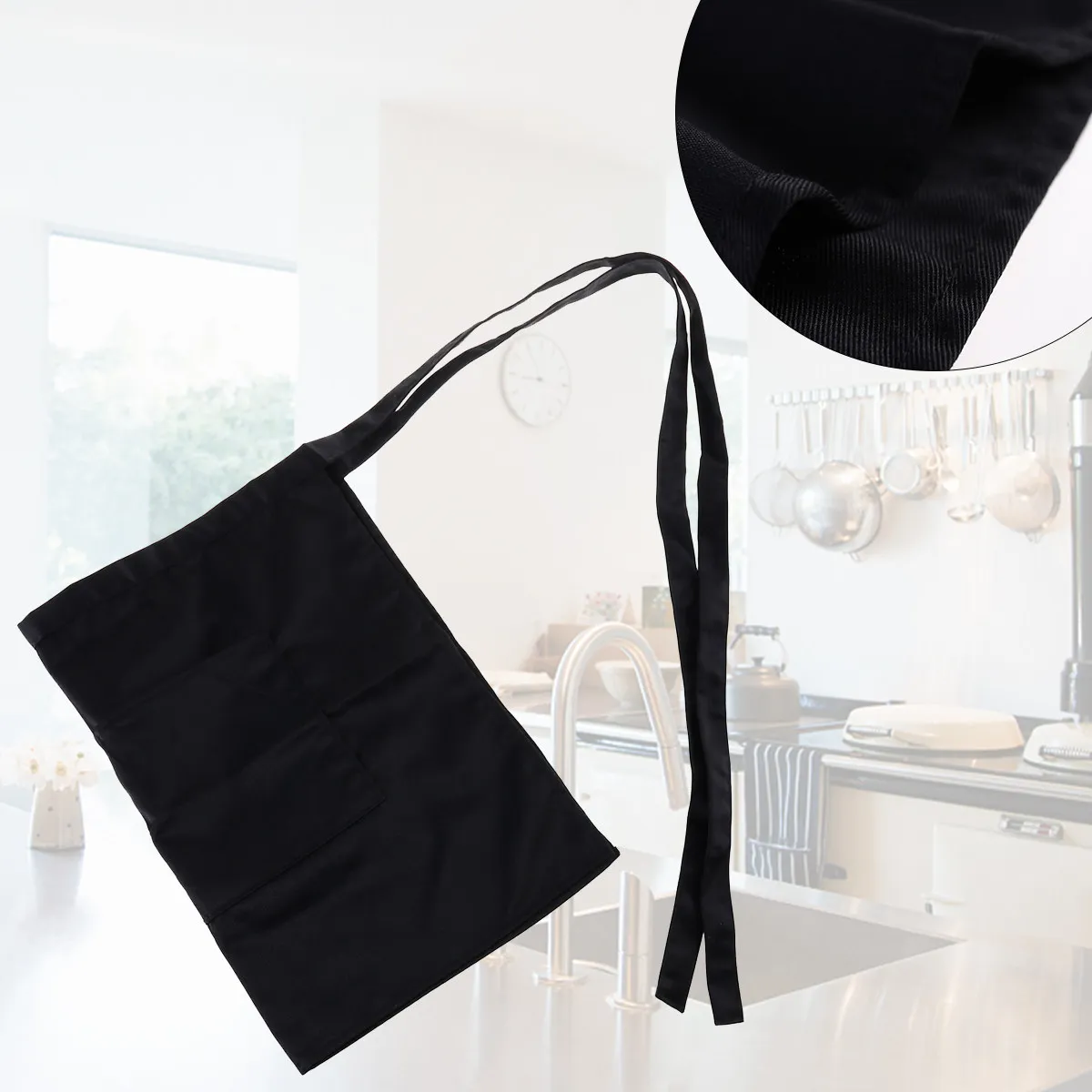 Short Apron for Waiter Waitress Chef Unisex Black Waist Design Polyester Cotton Blend Stain Protection Split Pocket Commercial