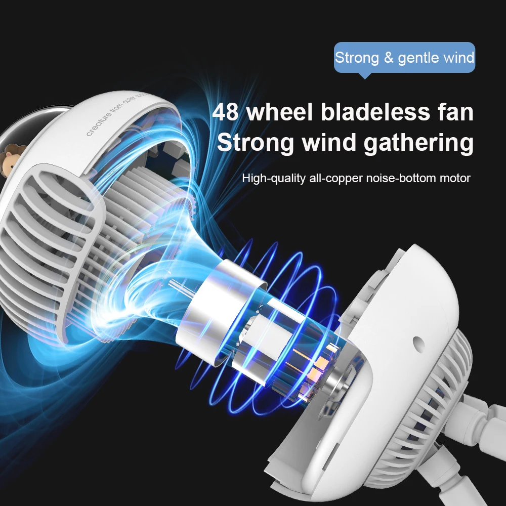 USB Mini Rechargeable Fan for Baby Stroller Handy Bladeless Turbo Fan with Type C Small Hand Fan 3600mAh Battery Clip Fan Summer