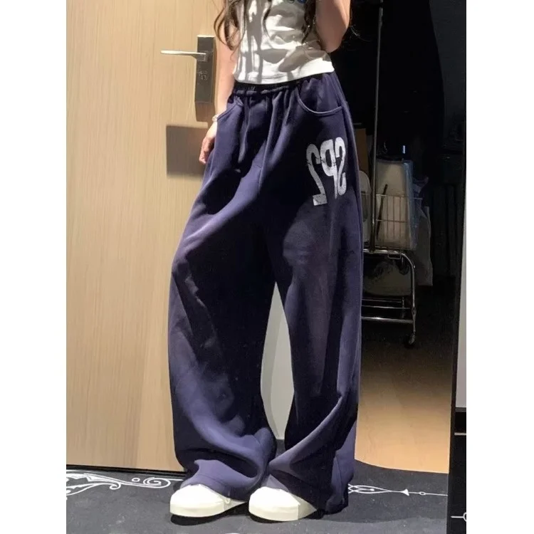 

Американские повседневные брюки свободного кроя в стиле High Street для женщин, с принтом-надписью, драпированные, синие, спортивные штаны