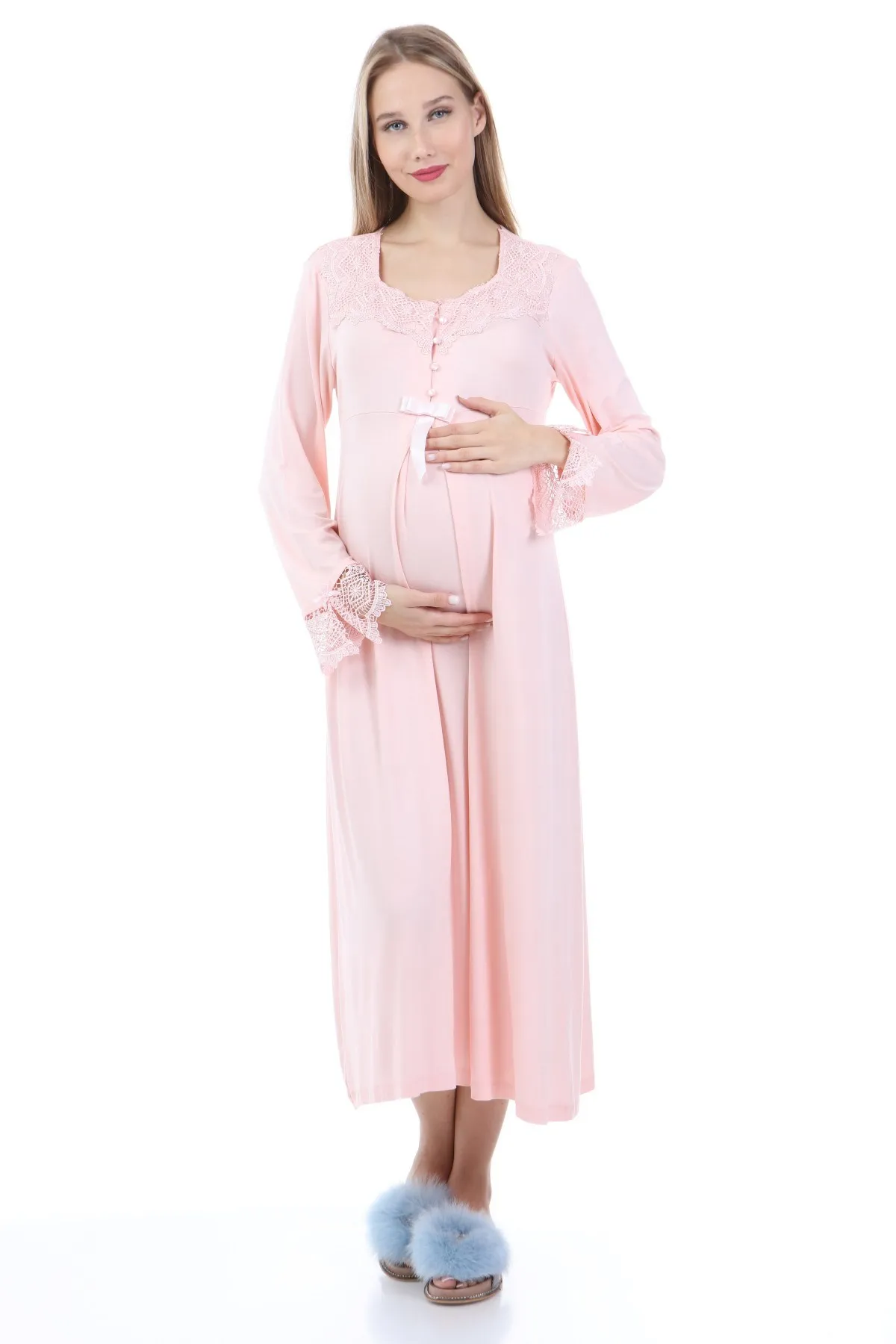 Luvmabelly MYRA9622 Ruched Button Maternity Nightgown-Pink