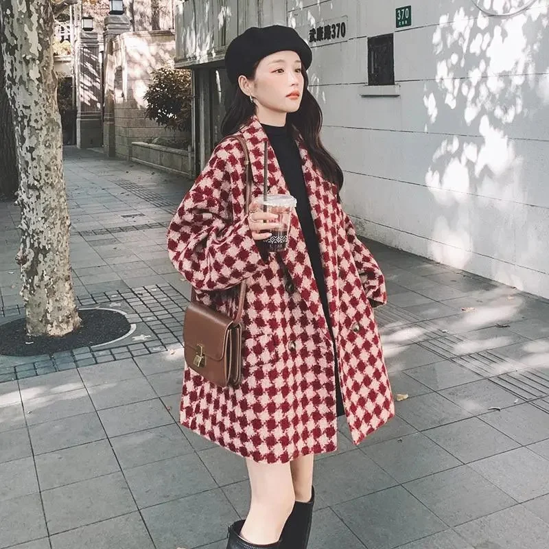 

British Style Retro Red Checkered Suit Woolen Coat For Women in Autumn Winter 203 New Loose Korean Style High-end Casual Coat V4