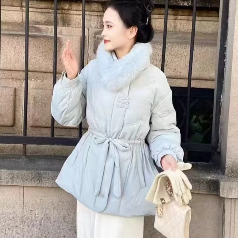 

Новый пуховик с лисьим меховым воротником и затянутой талией, утепленное утиное пуховое пальто, шарф на зиму, модное и уникальное