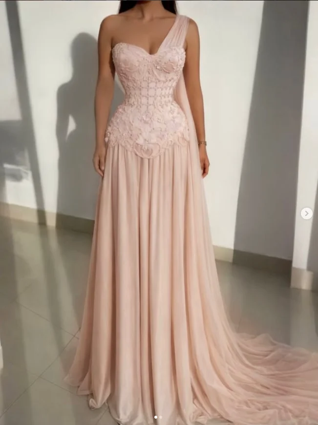 Customized A-line Women's Evening Dresses Floor-length One-shoulder Sleeveless Prom Gown Fashion Crystal Beading Draped Gowns image 4