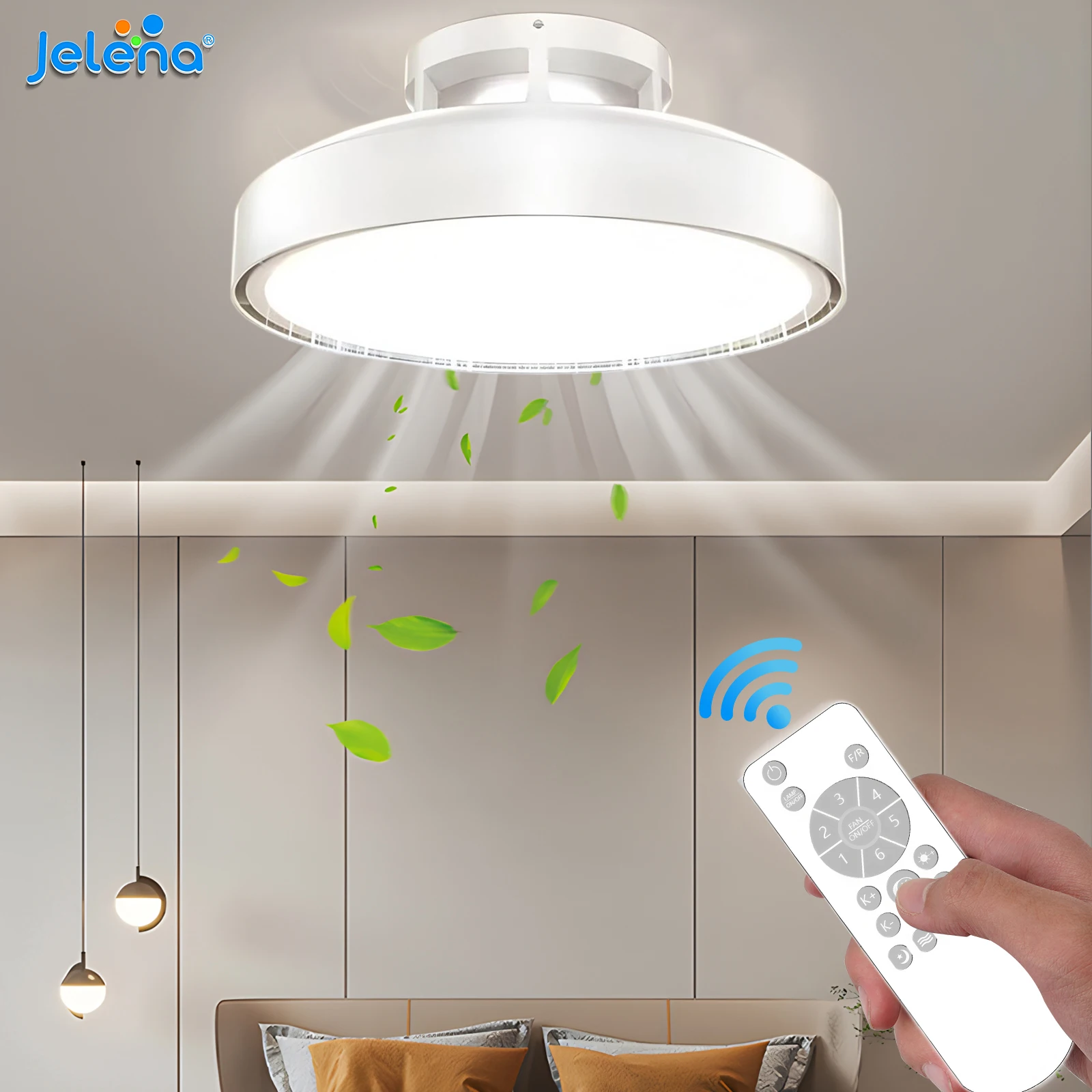 Ventilateur de plafond intelligent Jelena avec éclairage, télécommande, 6 modes de vitesse, ventilateur sans pales, lampe LED pour la décoration de la maison