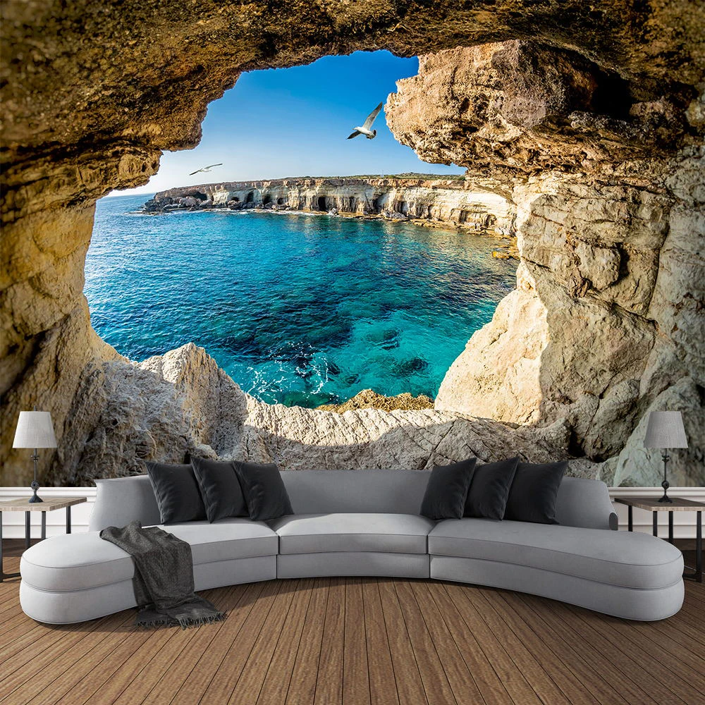 Sea Beach Scenery Wall Hanging Tapestry Mountain Cave Sea View Arch Window Bedroom Living Room Home Decoration Dorm Tapestry