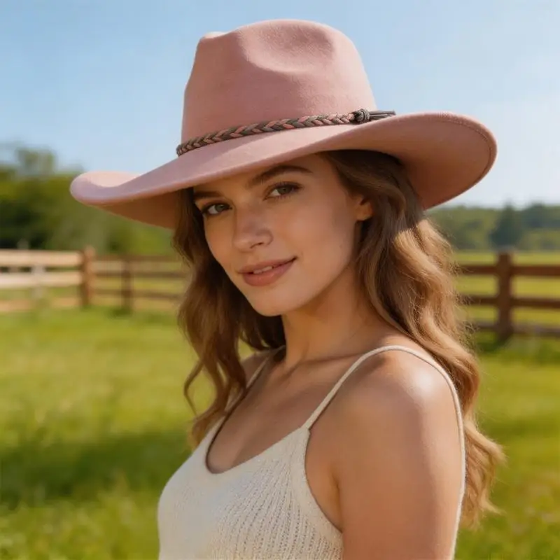 31BF Women's Panama Hat Accessory Hat with Braided Rope, Wide Brims, Structured Body, 56-58 Size for Music Festival Use