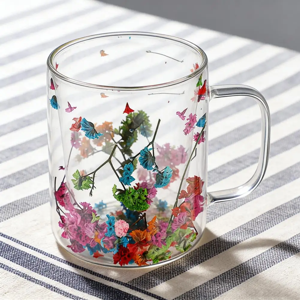 Double Wall Glass Coffee Mug with Handle Colorful Petal Design Tumbler Creative Insulated Cup for Hot Cold Beverages Cappuccino
