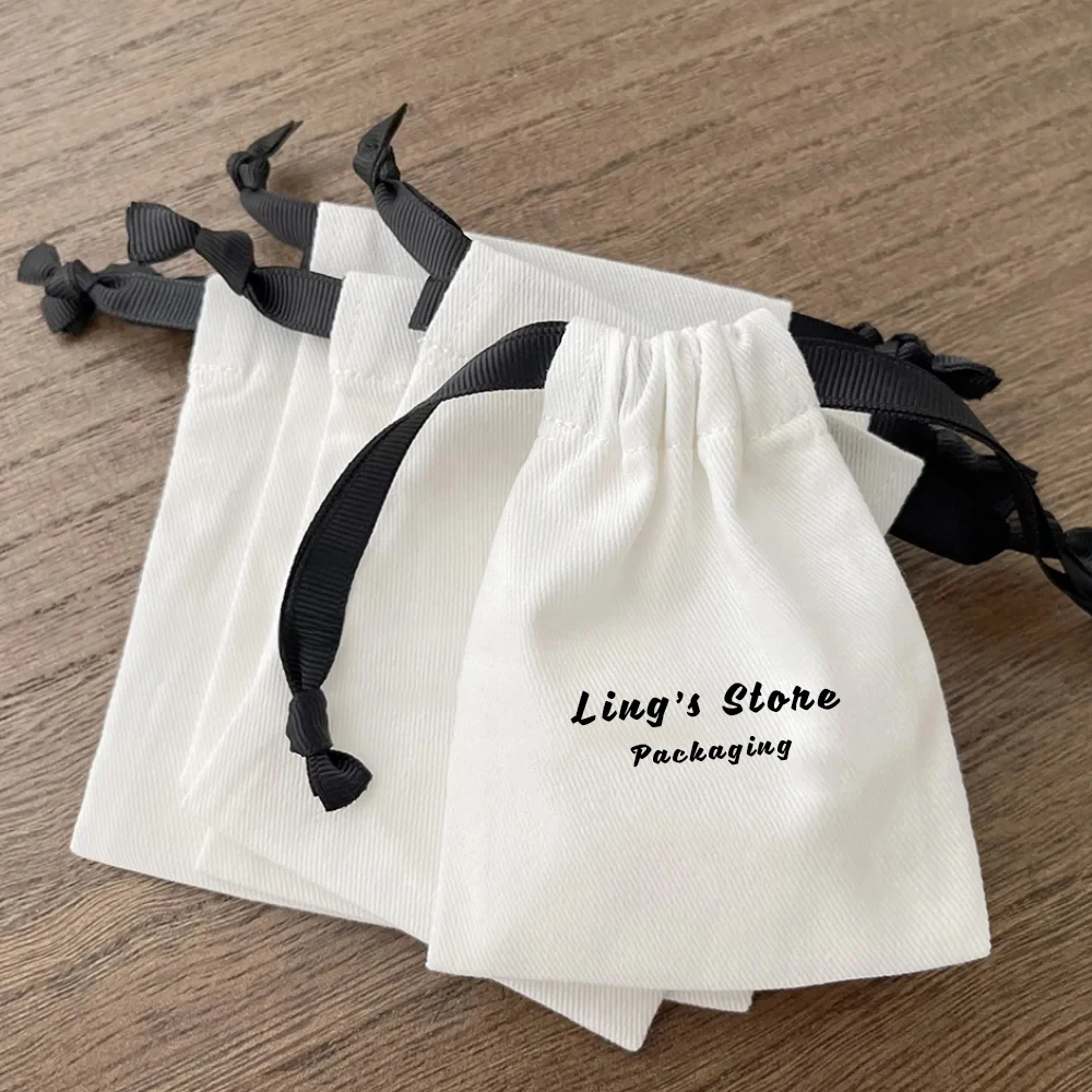 100Pcs Personalized Luxury Cotton Muslin Drawstring Bag Canvas Ribbon Pouches Gift Makeup Organizer Pocket Guests Wedding Favors