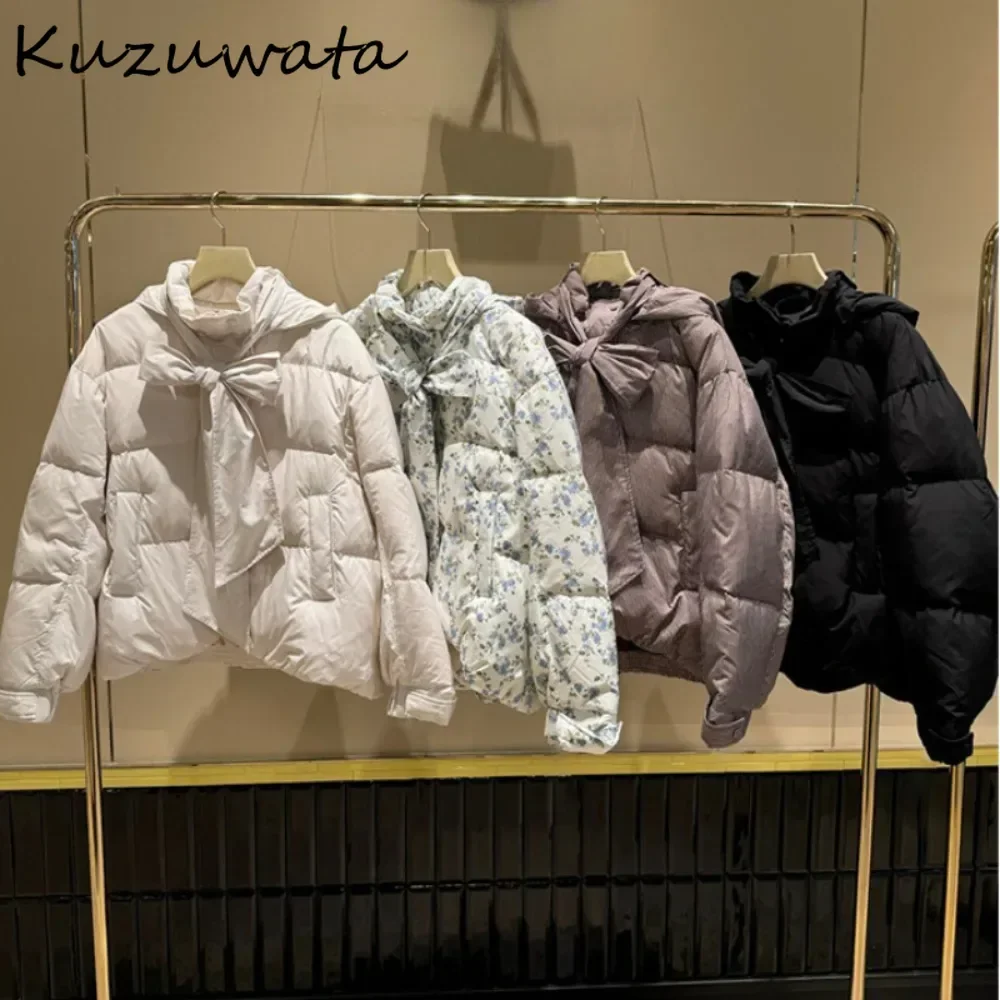 Kuzuwata New Winter Hooded Print Bow Lace Up Parkas Short Small Fellow Sweet Literary Down Coats Japan Unique Loose Moda Jacket