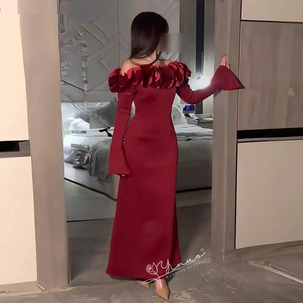 

customized Elegant Burgundy Evening Dresses Off Shoulder Ankle Length Appliques Long Sleeves Party Dress 2024 Formal Prom Gowns
