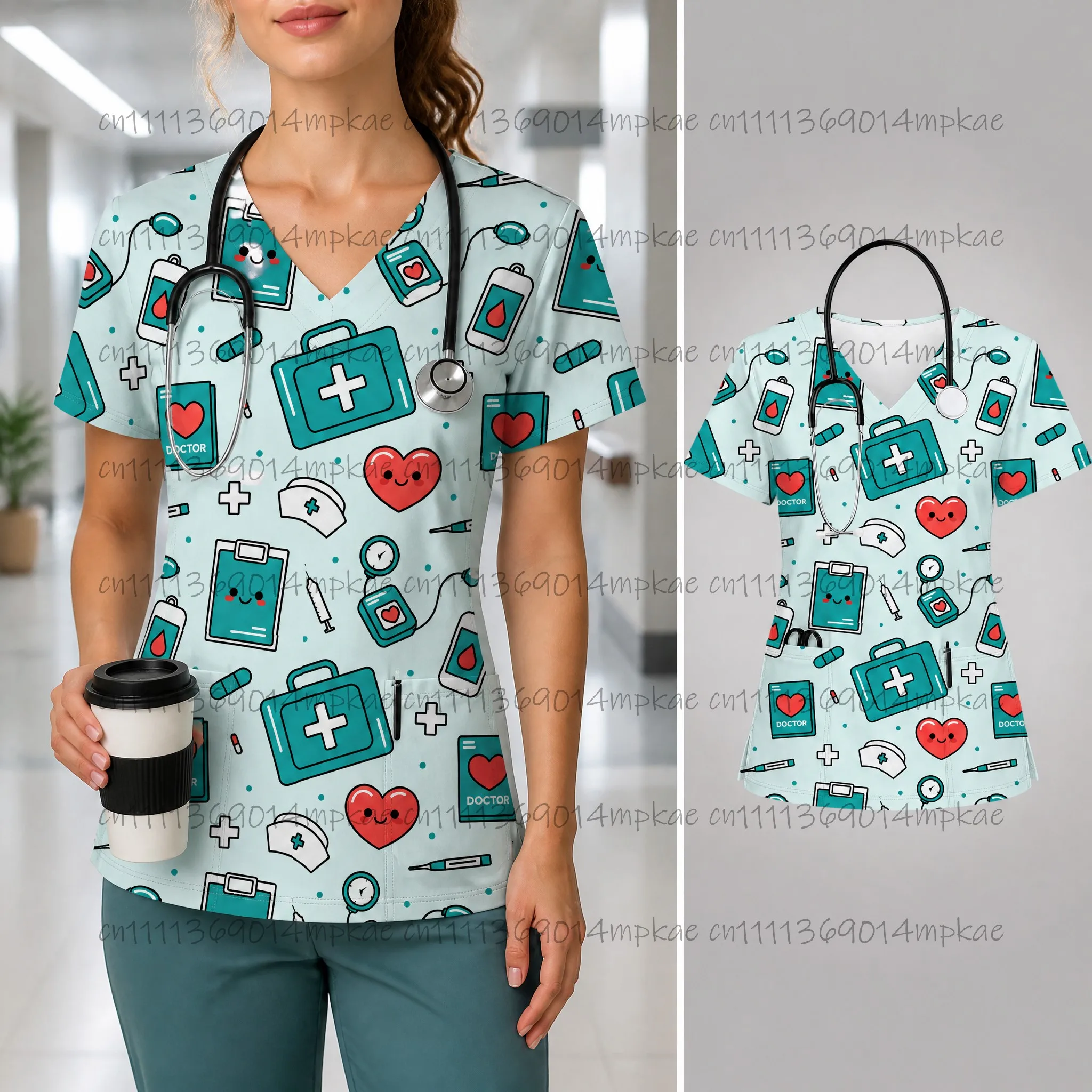 Hot Selling New Women's V-neck Pocket Work T-shirt, Hospital Uniform Printed Frosted T-shirt, Nurse Uniform, Casual Uniform Top