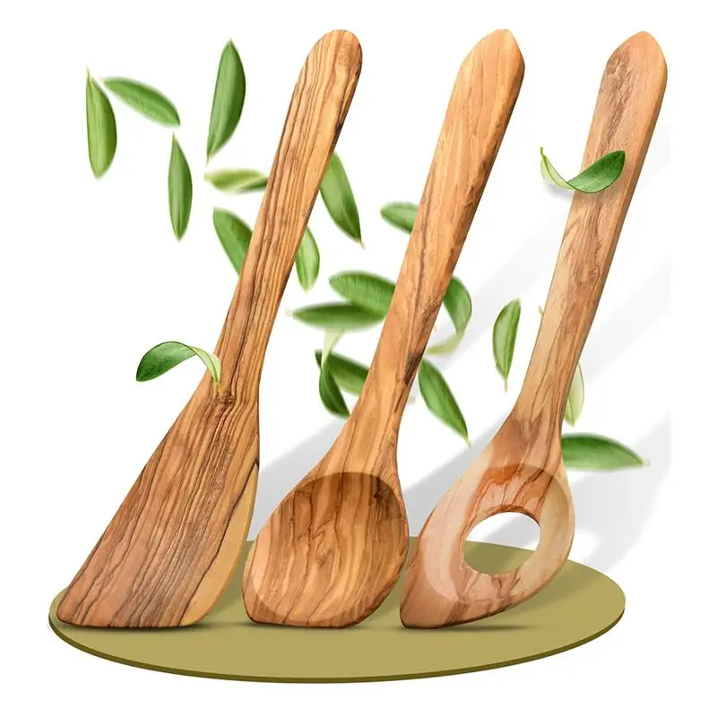 Cuchara y espátula de cocina de madera de olivo hechas a mano AEE2, utensilios de madera prácticos y duraderos, cucharas de cocina de madera
