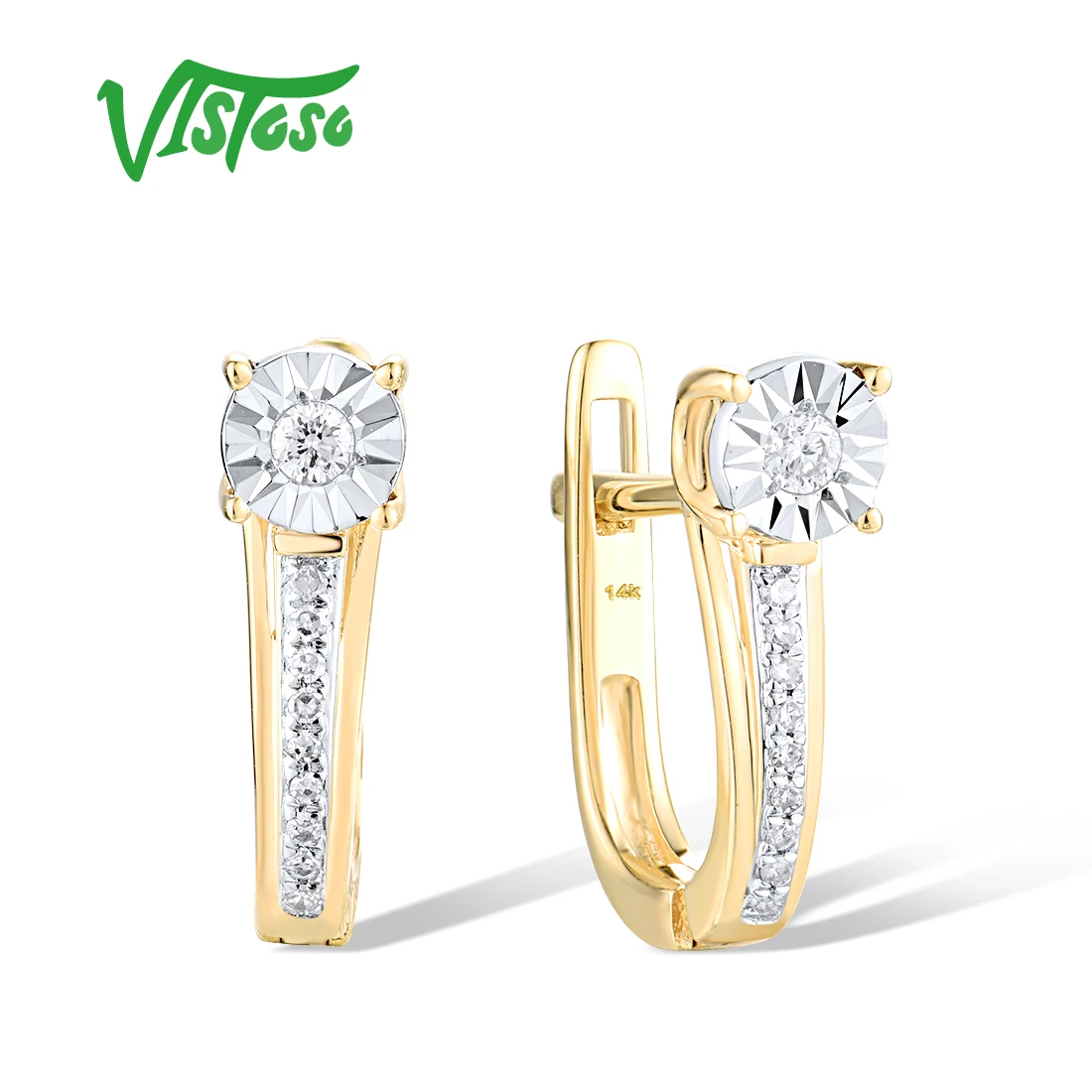 VISTOSO Genuine 14K 585 Two Tone Gold Earrings For Women Sparkling Diamond Exquisite Wedding Anniversary Gifts Fine Jewelry